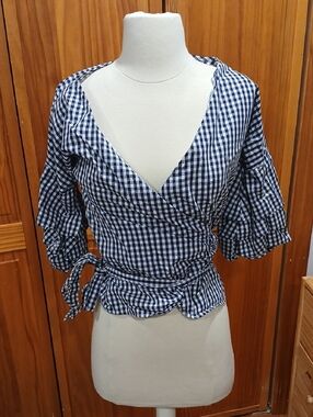 Forever 21 Navy and White Gingham Wrap Blouse